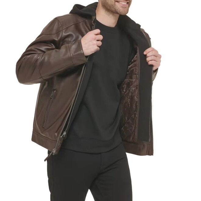 Autumn Mens Genuine Leather Fake Two Pieces Hooded Jacket
