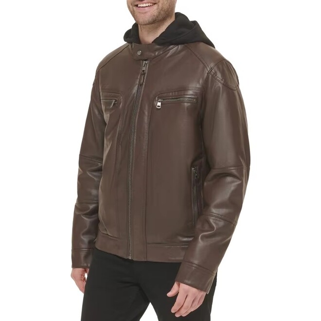 Autumn Mens Genuine Leather Fake Two Pieces Hooded Jacket