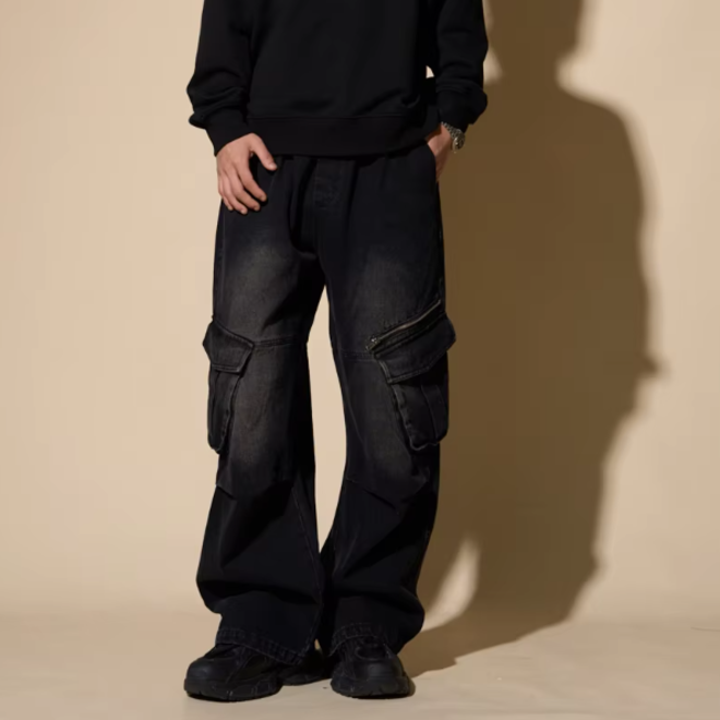Mens Hip Hop Distressed Zipper Multi Pockets Wide Leg Jeans