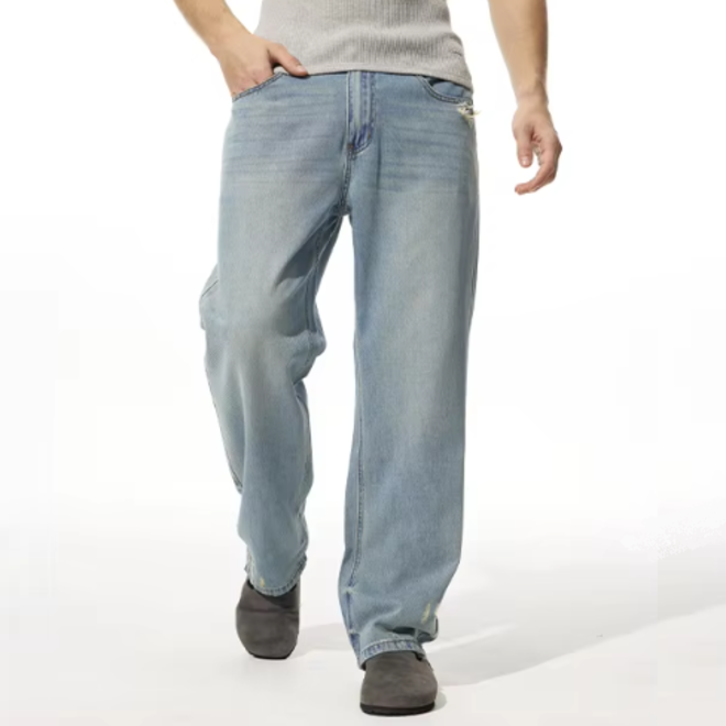 Mens Casual Straight Loose Fit Zipper Jeans with Mid Waist